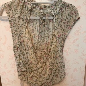 Free People Tan Ruffled Cap Sleeve Blouse